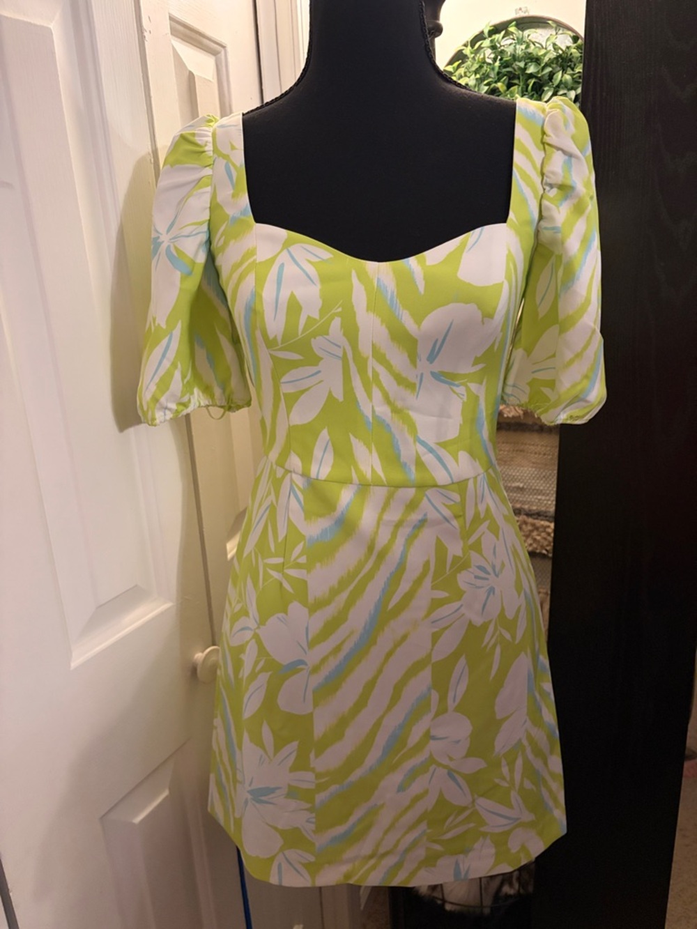 French Connection Lime Floral Square-Neck Mini Dress with Puff Sleeves